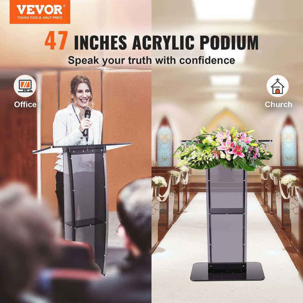 47 inches acrylic podium stand with storage shelf in church setting